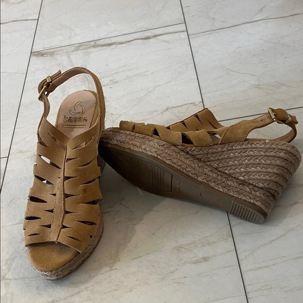 kanna Tan Suede Cutout Espadrille Wedge Sandals